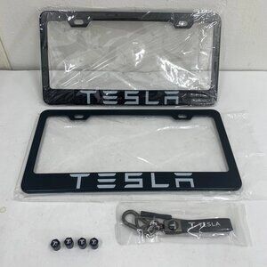 Black Leather Keychain Key Holder 5 3/4" NEW Combo With Plate Frame For Tesla